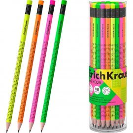 Чернографитный карандаш ErichKrause 2x2 Neon, круглый, с ластиком, HB (в тубусе по 42 шт.) 65383