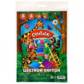 Картон цв. Creativiki 8 цв. 8 л. немел. А4 200x275 мм 190 г/м2 пакет с европодвесом 176925
